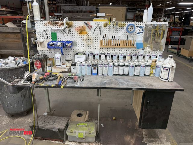 Lot 1-17461 - (1) 72" steel framed work bench/table equipped with air rails, small parts bin on back side, with as...