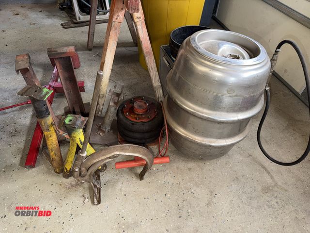 Lot 1-12122 - (1) Farm Stand Jack, (1) Hercules air bag, (1) Miller Brewing Company keg barrel, jack stands, and m...