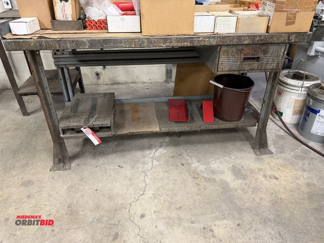 Lot 1-1882 - (1) 60" width x 33.5" height x 29" depth steel framed work bench with lower shelf and single drawer,...