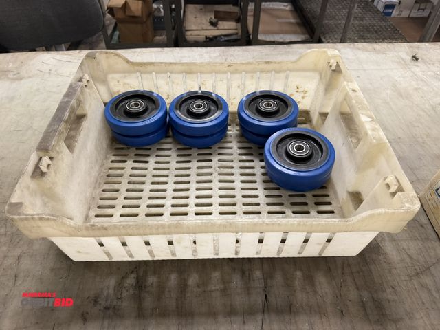 Lot 1-1982 - Lot of (8) 12" x 32" rubber casters (approx. 5/8" diameter axle fitting), includes 20" x 6" x 16" pl...