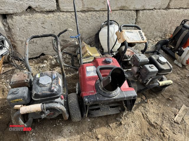 Lot 1-16058 - Lot of (2) DeWalt pressure washers, manual backpack pump sprayer, and (1) Toro Power Clear snowblowe...