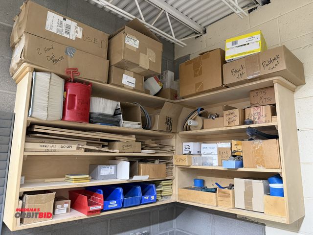 Lot 1-16376 - Entire content of both shelving units shown in photos, includes various fasteners, dowels, (1) Wolf ...