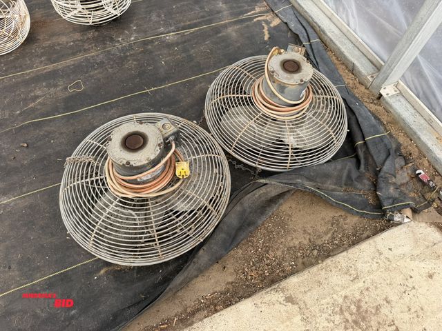 Lot 1-9950 - Lot of (2) Emerson, hanging chain, approx. 18" greenhouse fans, 1/15" HP, 120V, in working condition...