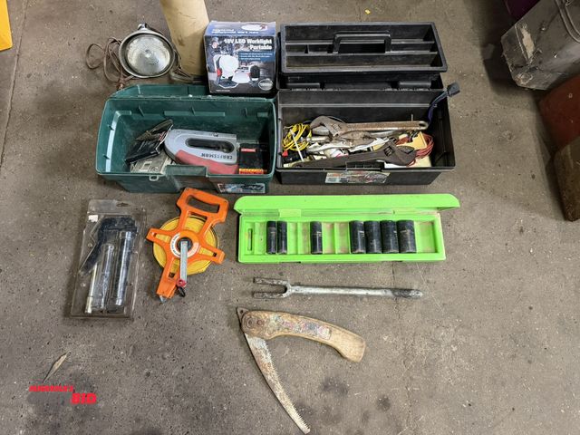 Lot 1-1167 - Lot of assorted tools, including (2) plastic tool boxes with contents of various adjustable wrenches...