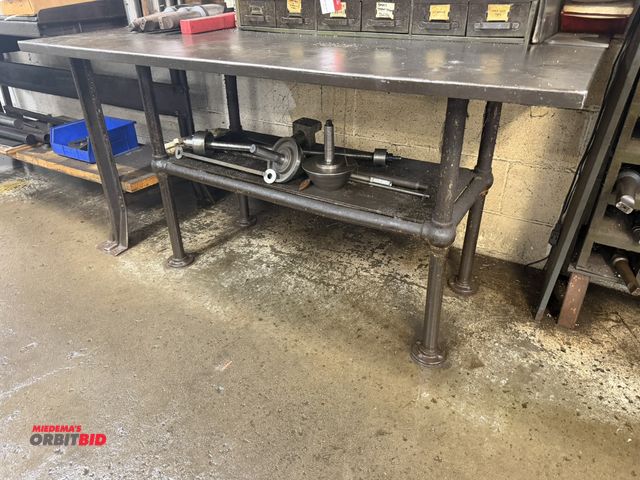 Lot 1-6387 - (1) steel shop table, 58" x approx. 34" deep x 32" tall, with steel frame and top, does not include ...