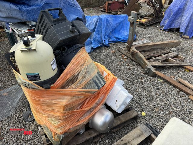Lot 1-16022 - Skid of assorted pool pumps, and miscellaneous other items, includes (1) make and model unknown pool...