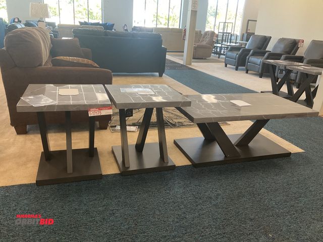 Lot 1-17175 - (3) Marble design tables. End tables measure 22” by 22” by 24”. Coffee table measures 26” by 48” by ...