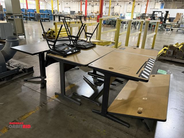 Lot 1-5493 - Lot including (1) 59" width x 29" height x 29" depth steel framed desk with wood composite/laminate ...