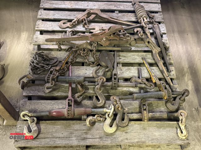 Lot 1-18168 - Lot including (6) various ratcheting chain binders, and (5) mechanical chain binders, also a block p...