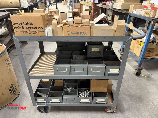 Lot 1-2038 - (1) 32" length x 35" height x 18" depth Little Giant, 3-tier steel shop cart with contents of assort...