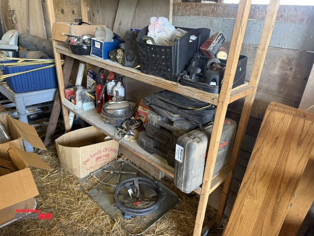 Lot 1-8518 - (1) wood shelf, 75" x 16" deep x 71" tall, includes contents of empty tool boxes, brake bleeder with...
