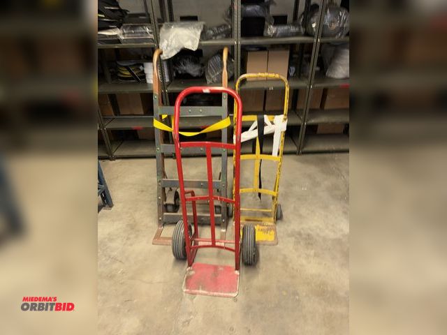 Lot 1-4834 - (1) 2-wheel dolly with pneumatic tires, (1) 2-wheel dolly with solid tires, and (1) vintage antique ...