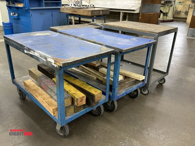 Lot 1-17734 - Lot of (4) carts, includes (1) 36" length x 36" height x 24" depth 2-tier steel cart with plywood to...