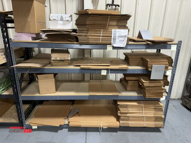 Lot 1-18754 - (1) rack, 8' long x 24" deep x 60" tall, includes contents of assorted cardboard box fillers, and ca...