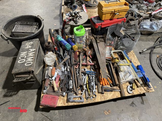 Lot 1-1550 - (1) skid of assorted tools, includes various wrenches, screwdrivers, clamps, caulk guns, wire brushe...