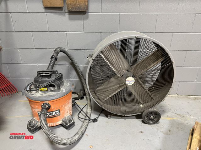 Lot 1-18700 - (1) Ventimatic Max Air 30" floor fan, 2-speed, 115V, and (1) Rigid 9-gallon shop vac.
