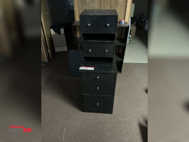 Lot 1-18380 - null Black wood filing cabinet with stackable top drawers