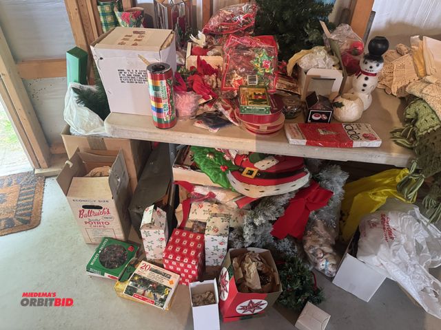 Lot 1-3189 - Assorted Christmas items, trees, wrapping paper, and decorations