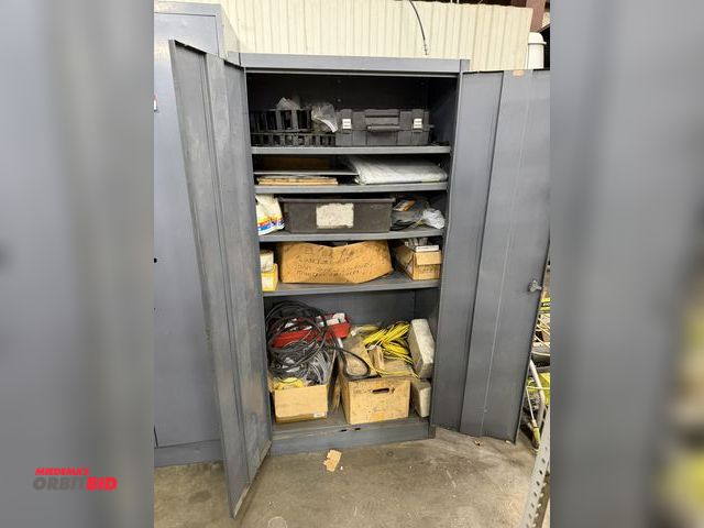 Lot 1-15363 - (1) 2-door metal storage cabinet filled with assorted shop items, includes communication wire, fuse ...