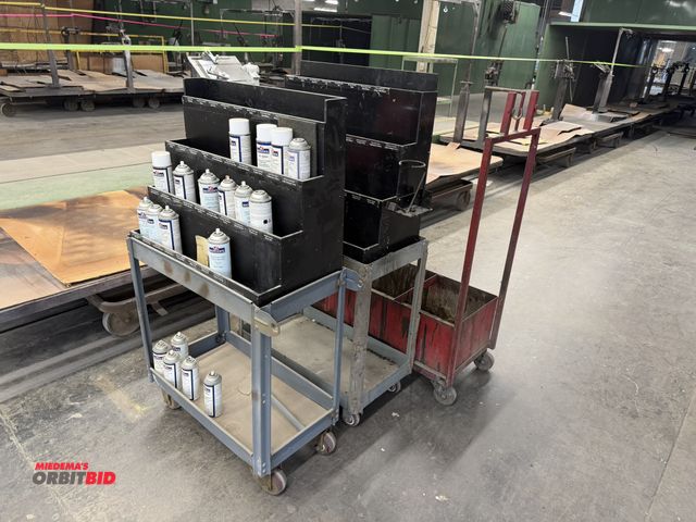 Lot 1-17193 - (2) 30" length x 32" height x 16" depth, 2-tier steel utility carts, with custom built wood spray pa...