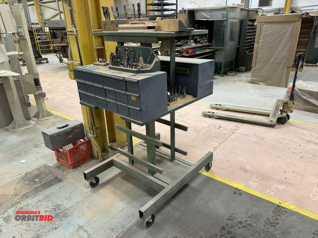 Lot 1-17030 - (1) rolling tool storage cart, 48" x 36" x approx. 70" tall with custom built wood shelves, (2) Durh...