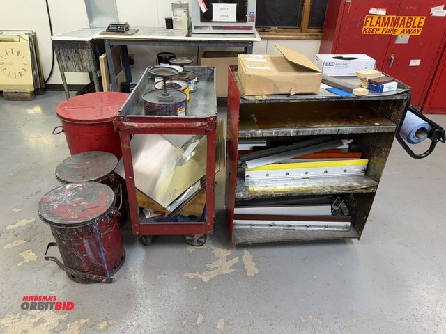 Lot 1-18995 - Lot of 2 rolling shop carts, (1) filled with assorted squeegees, and (3) Just Rite oily waste cans.