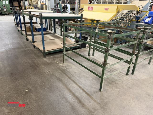 Lot 1-16328 - Lot of (11) 48" x 35.5" x 9" tall steel stackable stands, and (4) 48" width x 19" height x 36" depth...