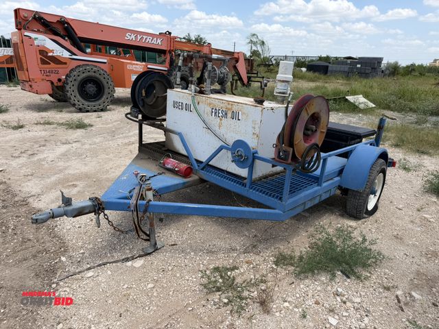 Lot 1-9496 - (1) single axle oil trailer with steel grating decking, includes approx. 75 gallon oil tank with pne...