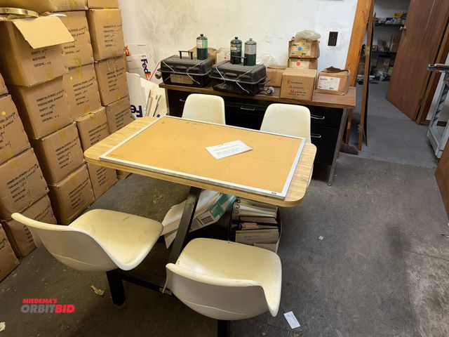 Lot 1-18920 - (1) cafeteria style 4-seat table, 44" length x 24" depth, includes steel with wood top credenza, 67"...