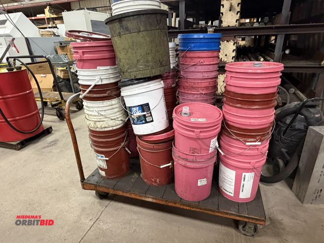 Lot 1-2007 - (1) 54" length x 9" height x 27" depth steel framed flat cart with wood decking, and contents of app...