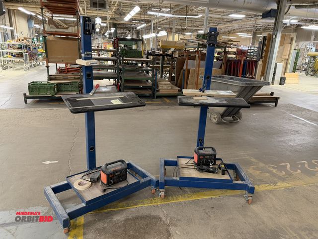 Lot 1-16237 - Lot of (2) approx. 5' tall rolling computer work stations with monitor mount and keyboard stand, uni...