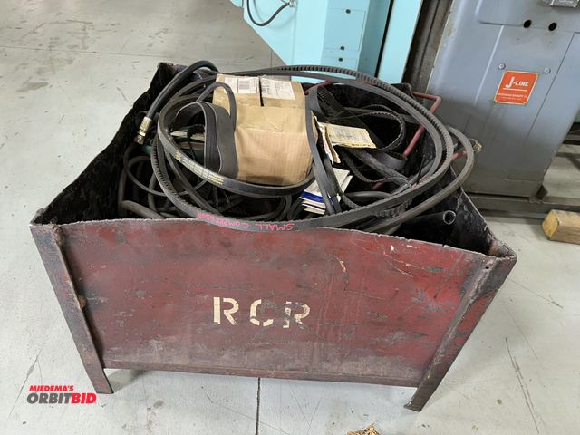 Lot 1-19190 - (1) approx. 30" x 30" x 30" steel tote full of assorted drive belts, extension hoses, and miscellane...