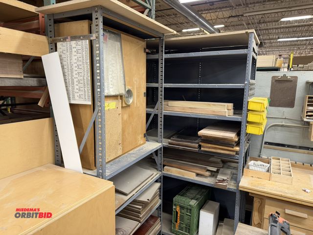 Lot 1-16581 - Lot of (2) adjustable metal racks, 48" x 24" deep x 85" tall with assorted wood products, and 36" x ...