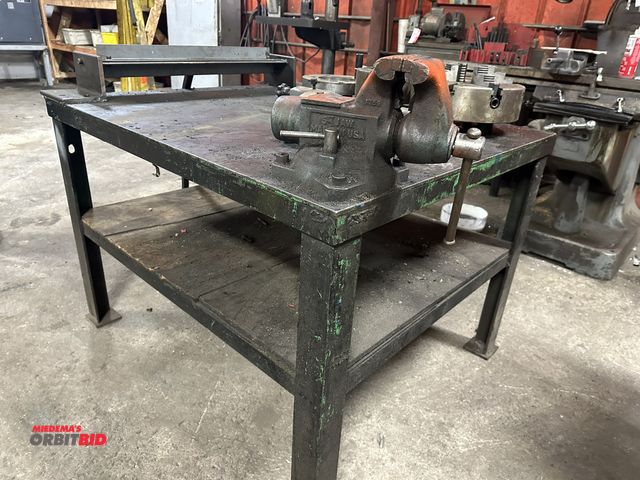 Lot 1-14429 - (1) 48" width x 33" height x 41" depth heavy duty steel table with lower shelf, wood decking and 5-1...