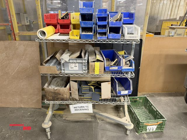 Lot 1-16483 - (1) Z-style Metro rack filled with assorted screws, hinges, door slides, and sanding discs.