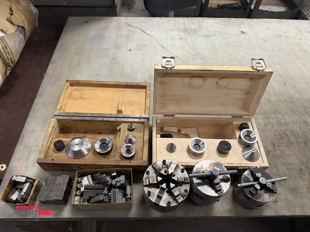 Lot 1-1983 - Lot including (1) Buck 4" diameter, 6-jaw chuck, (2) 3" diameter, 3-jaw chucks, assorted chuck jaws,...