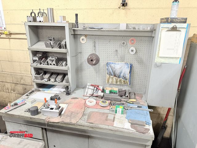 Lot 1-12410 - (1) 61" width x 31" height x 31.5" depth wood work bench with contents, including various V-blocks, ...