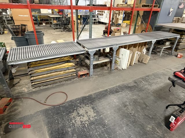 Lot 1-17509 - (1) electric lift table with custom roller top, 58" x 30", includes another roller table section tha...