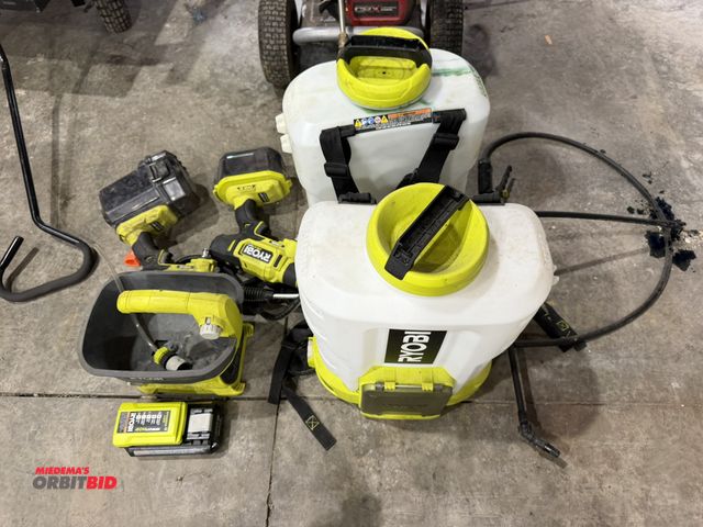 Lot 1-18648 - Lot of assorted Ryobi battery power tools, includes (2) 4-gallon backpack sprayers, (2) EZ Clean 40V...