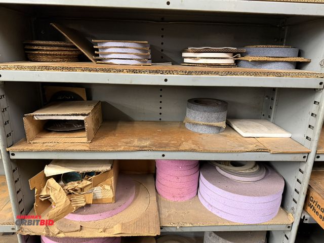 Lot 1-1828 - Entire contents of 3 shelves shown in photos, includes (2) new Bay State Abrasives 8" x 1" x 1" grin...