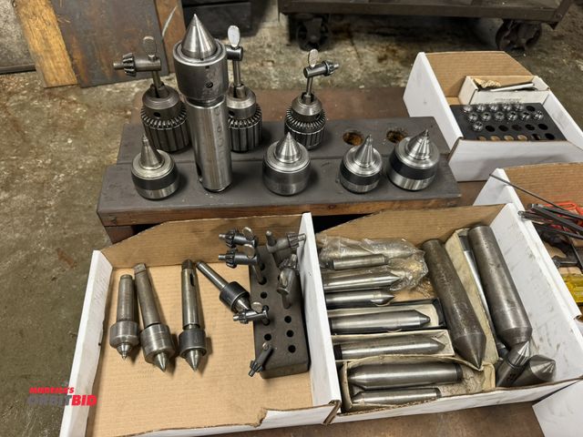 Lot 1-6502 - Large lot of assorted centers, includes live centers, inserts, chuck keys, (3) Jacobs chucks, Morse ...