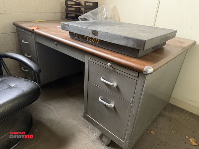Lot 1-1691 - (1) black granite surface plate, 24" x 18" x 4.5" tall, includes steel desk, 60" x 38", and office c...