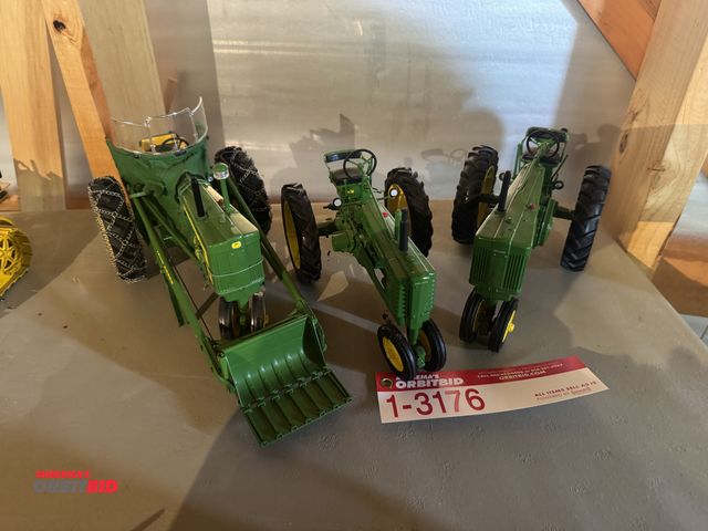 Lot 1-3176 - (3) John Deere Die Cast Tractors, inclduing; (1) model 720 with loader, (1) model B, and (1) model 7...