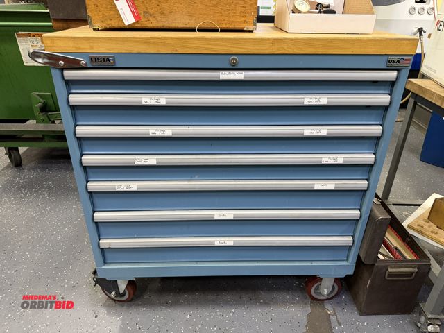 Lot 1-10300 - (1) Lista 7-drawer rolling parts cabinet with wood butcher block top (does not include keys), 40.5" ...