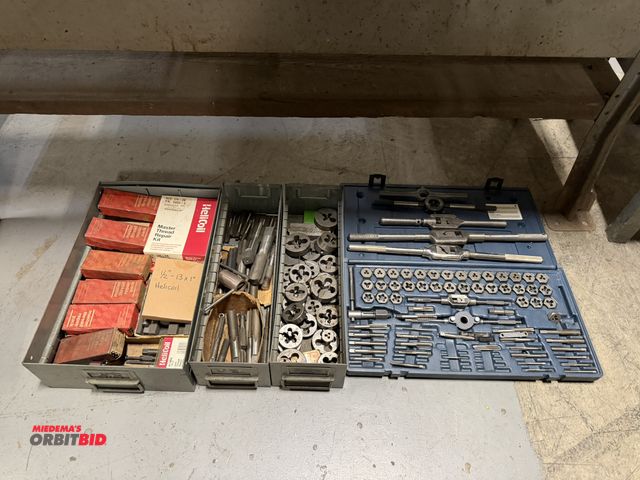 Lot 1-18603 - Large lot of assorted tap and dies, includes partial tap and die set, and assorted Heli coils Master...