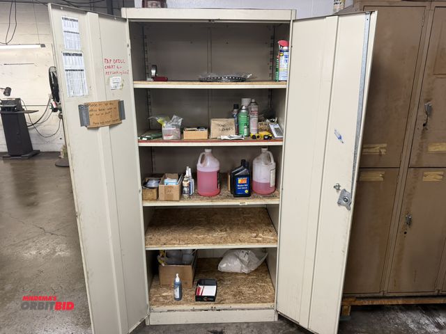 Lot 1-6318 - (1) 2-door metal storage cabinet with contents, includes assorted sprays, deburring system, Royal Zi...