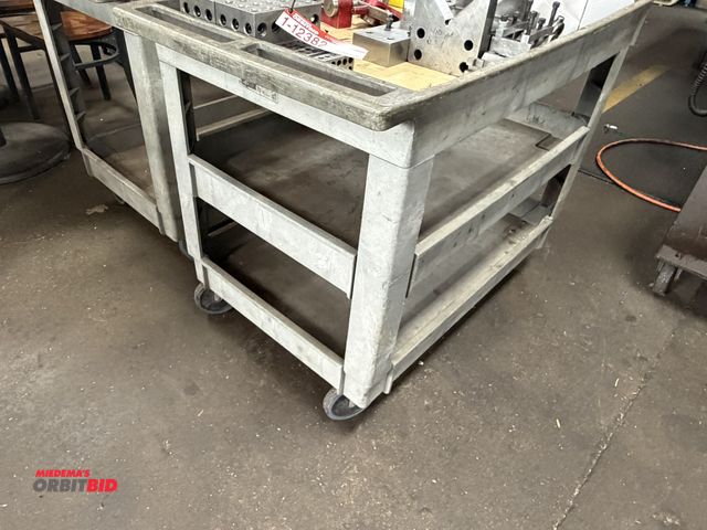 Lot 1-12384 - Lot of (2) 40" length x 32" height x 26" depth Rubbermaid shop carts, 1 with additional center shelf...