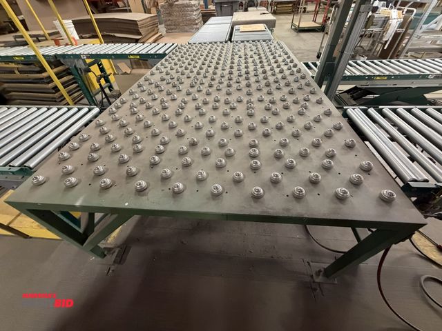 Lot 1-17483 - (1) transfer ball table, 110" length x 60" width, includes pneumatic, adjustable bag reel arms, appr...