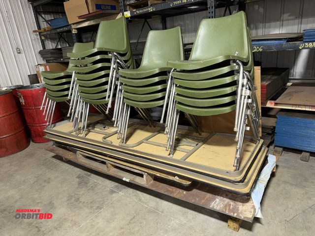 Lot 1-15092 - Lot of (24) stackable, moulded plastic chairs with steel legs, (2) 8' collapsible tables, (1) 6' col...