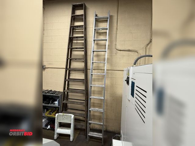 Lot 1-11040 - (1) 22' aluminum extension ladder, includes (1) 12' wood step ladder, and (1) plastic 2-step folding...